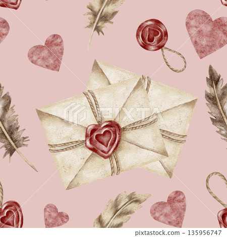 Large love letters, heart seals and pink blush colors in watercolor clipart, hand drawn and seamless pattern. Works for posters, greeting cards, romantic packaging, prints and decorative paper goods 135956747