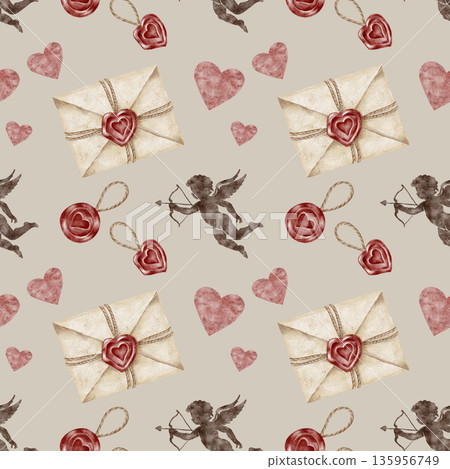 Vintage envelopes, wax seals and soft beige rose tones in watercolor illustration, hand drawn as a seamless pattern. Designed for gift wrap, journals, surface design, textiles and branding projects 135956749