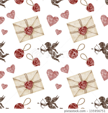 Sealed love letters, red wax stamps and heart accents in watercolor clipart, hand drawn and seamless pattern. Perfect for stationery design, scrapbook paper, packaging, fabric prints and invitations 135956751