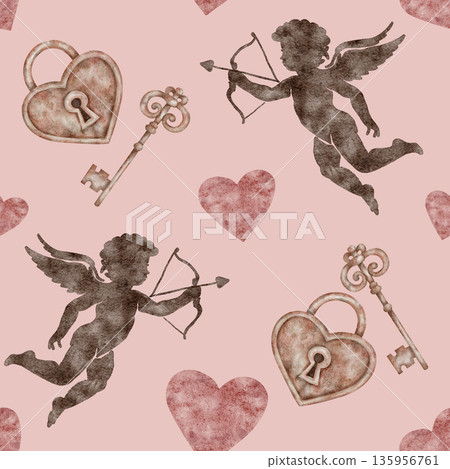 Cupid archers, vintage locks and soft pink beige colors in watercolor clipart, hand drawn as a seamless pattern. Designed for stationery, digital scrapbooking, wrapping paper, apparel and branding use Cupid archers, vintage locks and soft pink beige colors in watercolor clipart, hand drawn as a seamless pattern. Designed for stationery, digital scrapbooking, wrapping paper, apparel and branding use 135956761