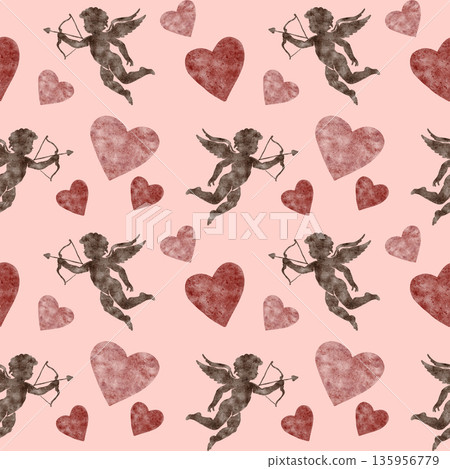 Cupid silhouettes, rosy hearts and pale pink background colors in watercolor illustration, hand drawn as a seamless pattern. Ideal for party, stationery collections, scrapbook pages and textile design Cupid silhouettes, rosy hearts and pale pink background colors in watercolor illustration, hand drawn as a seamless pattern. Ideal for party, stationery collections, scrapbook pages and textile design 135956779