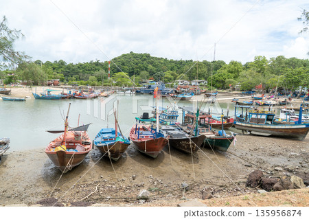 Traditional wooden fishing boats moored at low tide in a tropical harbor with lush green hills and a cloudy sky in the background. Coastal scenery featuring local culture and marine transport. 135956874