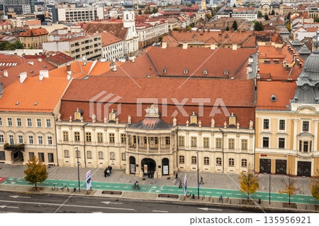 Aerial View of Cluj-Napoca Cityscape with Historic Red Rooftops 135956921
