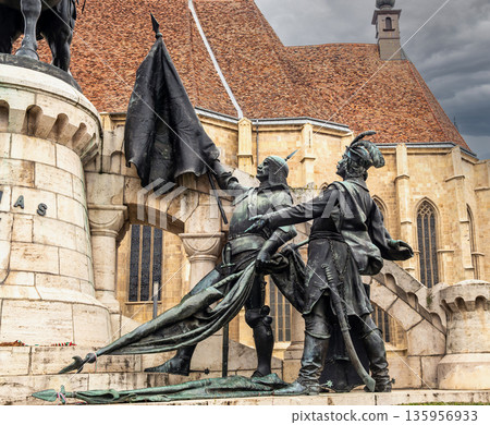 Matthias Rex Monument Close Up with Gothic Church in Cluj-Napoca Matthias Rex Monument Close Up with Gothic Church in Cluj-Napoca 135956933