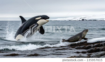 An orca moves quickly through the water, leaping high as it chases a seal. The seal swims fast to escape. Ice and snow can be seen along the shoreline. 135957015