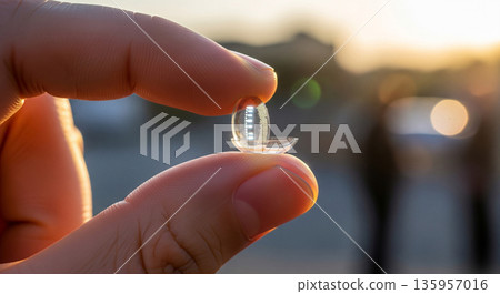 A hand holds a smart contact lens designed for glucose monitoring. The scene is bright and sunny, with blurred shapes suggesting a lively outdoor setting nearby. 135957016