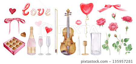 Set of watercolor elements for Valentine's Day:violin, roses, pink champagne, box of chocolates, "love" gingerbread cookie, balloon etc.Hand drawn, isolated elements for greeting cards,wedding design 135957281
