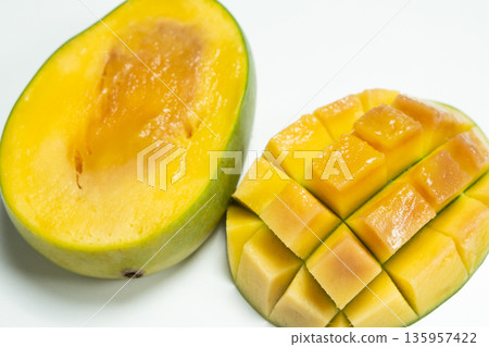 Close-up of overripe mango fruit with soft texture and dark spots. Close-up of overripe mango fruit with soft texture and dark spots. 135957422