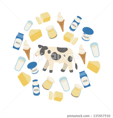 Eye-catching illustration of cows and dairy products 135957550