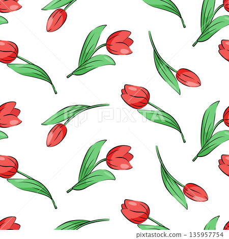 Seamless pattern of tulip flowers. Botanical spring background for gift wrapping, textiles, or wallpaper Seamless pattern of tulip flowers. Botanical spring background for gift wrapping, textiles, or wallpaper 135957754