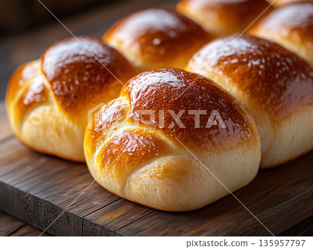 Freshly baked brioche bread rolls with glossy golden crust. Buns on wooden board. Luxury pastry dessert presentation. Premium bakery branding, treat, food advertising and retail confectionery visuals. Freshly baked brioche bread rolls with glossy golden crust. Buns on wooden board. Luxury pastry dessert presentation. Premium bakery branding, treat, food advertising and retail confectionery visuals. 135957797