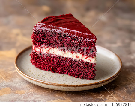 Red velvet piece cake slice with smooth cream layer. Elegant luxury pastry dessert presentation. Bakery menu, cafes, food marketing photography, birthday, holiday treat and confectionery concepts. 135957815