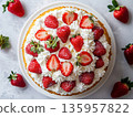 Strawberry cream cake decorated with fresh berries and whipped cream. Luxury bakery dessert presentation. Celebration cakes. Birthday, holiday treat, food advertising, confectionery, pastry concepts. 135957822