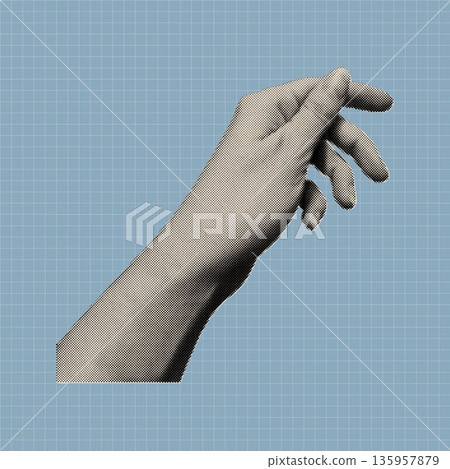 Trendy vintage collage conception with relaxed fist hand symbol. Halftone illustration of human hand gesture with tension and pause in retro pop art style. Vector illustration. 135957879
