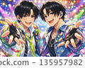 Two male idols holding hands on stage Live illustration with sparkling background 135957982