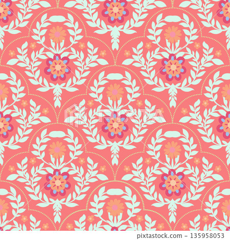 Coral Folk Floral Tile Ornament Print Coral Folk Floral Tile Ornament Print 135958053