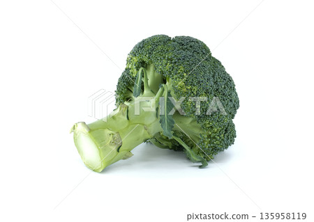 Fresh green broccoli head isolated on a clean white background for healthy eating concepts 135958119