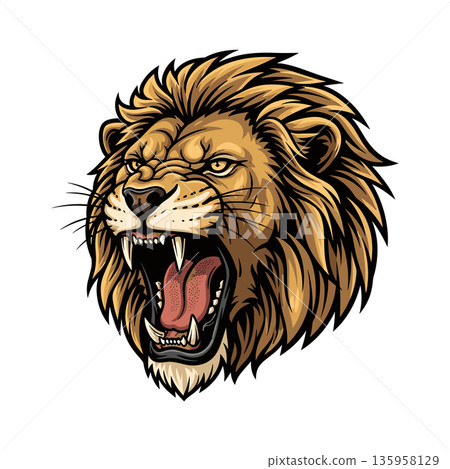 A powerful and detailed vector illustration of a roaring lion's head on white background 135958129