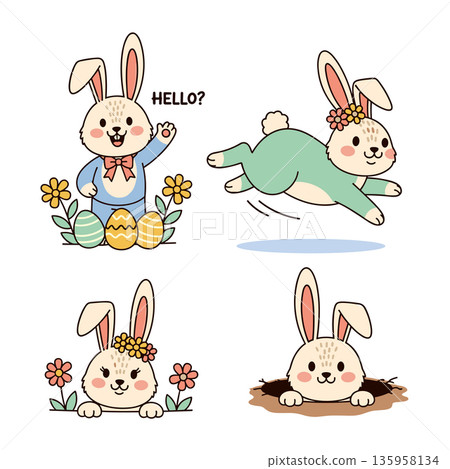 Bunny easter clipart drawing set. Easter rabbit cartoon character collection in waving, hopping and hiding pose inside the hole for egg hunt celebration design. Vector illustration cute rabbit graphic Bunny easter clipart drawing set. Easter rabbit cartoon character collection in waving, hopping and hiding pose inside the hole for egg hunt celebration design. Vector illustration cute rabbit graphic 135958134