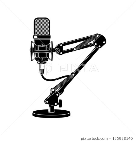 A striking silhouette of a professional studio microphone on a tripod. Design element for social media and print. A striking silhouette of a professional studio microphone on a tripod. Design element for social media and print. 135958140