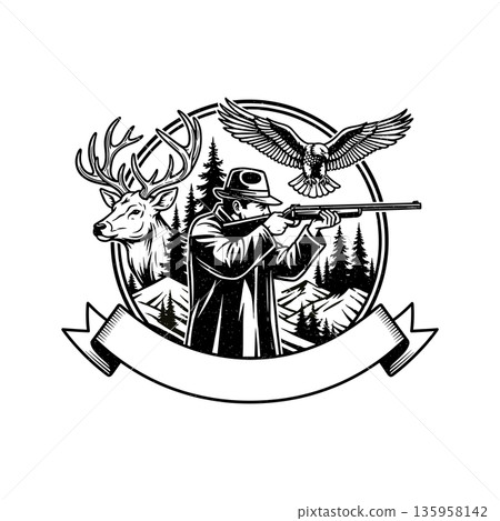 Vintage Hunter Logo Design Vector Illustration on white background 135958142