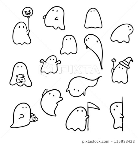 Set of Cute ghost doodle hand drawing, Vector for Halloween Set of Cute ghost doodle hand drawing, Vector for Halloween 135958428