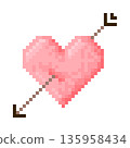 Red Heart with arrow shot through it, Icon. Represent relationship, romance, and love For Valentine's Day. Pixel 8 bit style 135958434