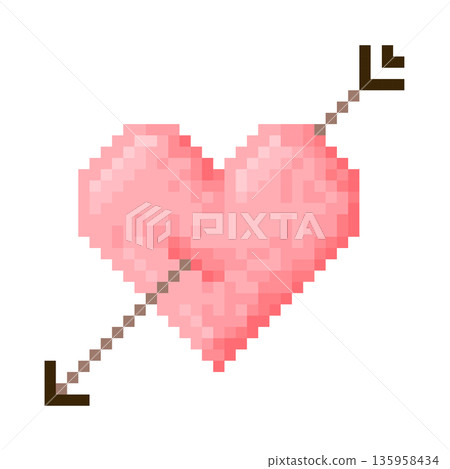 Red Heart with arrow shot through it, Icon. Represent relationship, romance, and love For Valentine's Day. Pixel 8 bit style 135958434