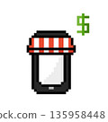 Mobile phone, smartphone with store awning, online shopping concept. Vector icon in 8 bit style 135958448