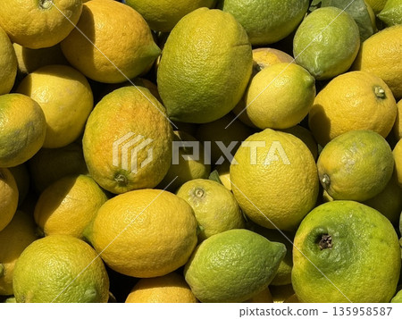 Lemons and limes piled together in sunlight, showcasing bright, vivid citrus colors, perfect background 135958587