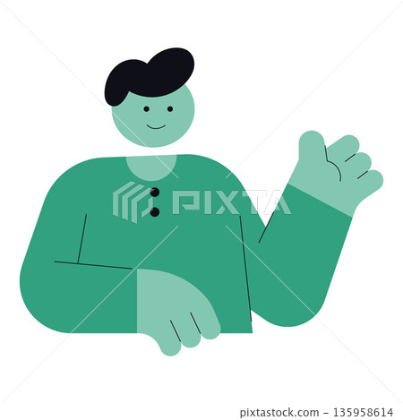 Flat vector illustration of friendly man character waving hand, simple modern style with minimal shapes, positive greeting gesture and communication concept on white background. 135958614