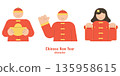 Flat vector illustration of Chinese New Year characters wearing traditional outfits, holding gold ingot and red envelopes, waving and celebrating Lunar New Year on white background. 135958615