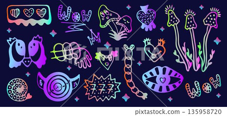 Neon gradient psychedelic doodle hand drawn vector set. Cute holographic glow isolated symbols. Mushrooms, lips, hearts, abstract shapes and whimsical characters. Vibrant groovy retro cliparts Neon gradient psychedelic doodle hand drawn vector set. Cute holographic glow isolated symbols. Mushrooms, lips, hearts, abstract shapes and whimsical characters. Vibrant groovy retro cliparts 135958720