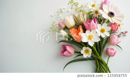 An elegant mixed bouquet of spring flowers. Tulips, gerberas, daisies lies on a white background with ample copy space. Ideal for holiday designs, like Women's Day, March 8. This is AI-generated item 135958755