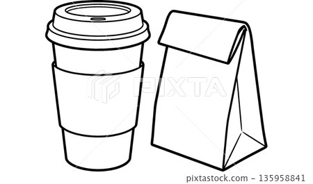 Takeaway Coffee Cup and Paper Bag Line Art Illustration. Black and white outline sketch of breakfast or lunch to go set. Takeaway Coffee Cup and Paper Bag Line Art Illustration. Black and white outline sketch of breakfast or lunch to go set. 135958841