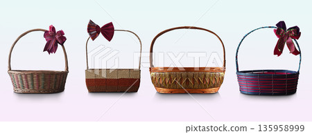 front view four wicker baskets, four sizes, on a white background, decor, fashion, gift, collection, decoration, on gradient white and pink background 135958999