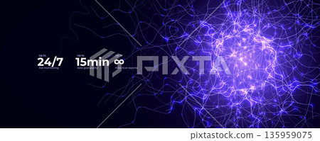 AI neural network brain with glowing data lines on dark tech background. Neural networks cell for medicine, biotech, scientific research, medical innovation technologies. Vector illustration 135959075