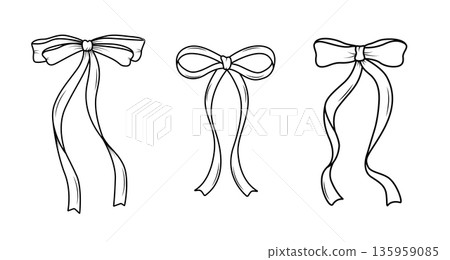 A set of cute bows and doodle contour ribbons on a white background. Vector illustration of hair jewelry, gift 135959085