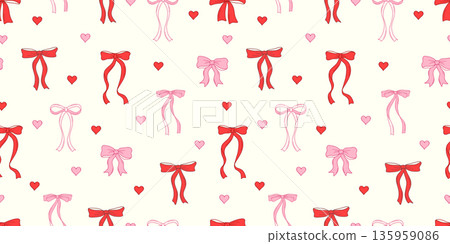 Cute flirty bows with ribbons. Seamless pattern ornaments, gift wrappers, festive background. Vector illustration Cute flirty bows with ribbons. Seamless pattern ornaments, gift wrappers, festive background. Vector illustration 135959086
