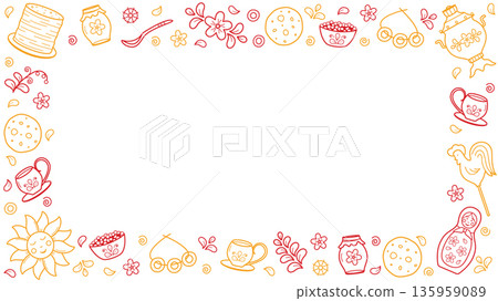 Frame Maslenitsa traditional holiday marking the end of winter. Vector doodle illustration of pancakes, samovar, matryoshka, sun, cockerel. Shrovetide 135959089