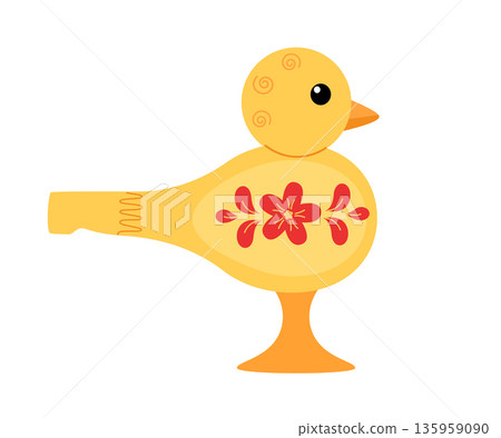 Whistle musical instrument in the form of a wooden bird. Bird whistle Russian traditional folk flute. Vector cartoon illustration on a white background. 135959090
