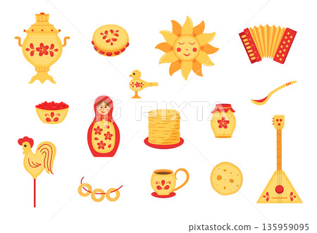 Maslenitsa traditional holiday maMaslenitsa traditional holiday marking the end of winter. Vector doodle illustration of pancakes, samovar, matryoshka, sun, rooster. Maslenitsa traditional holiday maMaslenitsa traditional holiday marking the end of winter. Vector doodle illustration of pancakes, samovar, matryoshka, sun, rooster. 135959095
