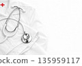 Minimal medical background with stethoscope on white doctor coat, copy space, Generative AI 135959117