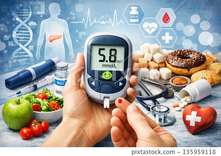 Blood Glucose Monitoring, Diabetes Management and Healthy Lifestyle Concept, Generative AI 135959118