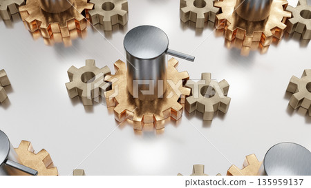 Metal gears and pistons arranged on reflective industrial surface Metal gears and pistons arranged on reflective industrial surface 135959137