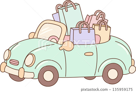 Hand Drawn Minimalist Illustration of a Mint Green Classic Convertible Car Filled with Colorful Shopping Bags for Retail and Fashion Concept Hand Drawn Minimalist Illustration of a Mint Green Classic Convertible Car Filled with Colorful Shopping Bags for Retail and Fashion Concept 135959175