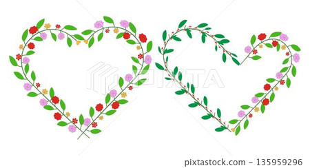 Decorative floral heart wreath frame made of leaves and small flowers, perfect for romantic designs, wedding invitations, Valentine backgrounds, greeting cards, and love themed creative projects. 135959296