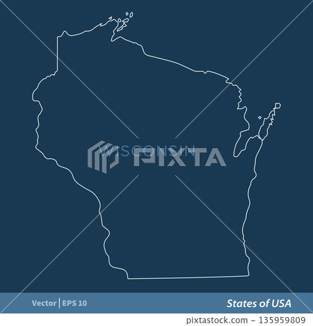 Wisconsin - Outline States of USA Vector Template, stroke editable Illustration Design 135959809