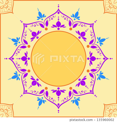 Indian flower rangoli mandala art with luxury colorful circle frame border, vector illustration yellow background Indian flower rangoli mandala art with luxury colorful circle frame border, vector illustration yellow background 135960002