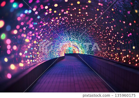 Colorful illuminated tunnel creates a stunning visual experience with shimmering lights in various hues 135960175